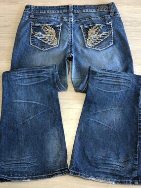 Vanity Jeans Low Rise Flare Studded Embroidered Blue Women's Size 31W31L (34x31)